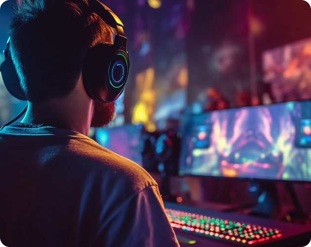 Een esports-speler met een koptelefoon speelt achter een computer met RGB-verlichting
