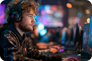Een jonge gamer met een koptelefoon speelt op de computer in een e-sporttoernooi