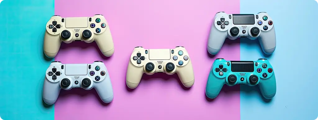 Vijf gamecontrollers in verschillende kleuren tegen een heldere pastelkleurige achtergrond, gezien van bovenaf