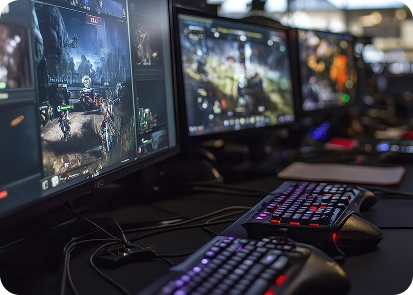 Een reeks monitoren met games en toetsenborden op de tafel van gamers