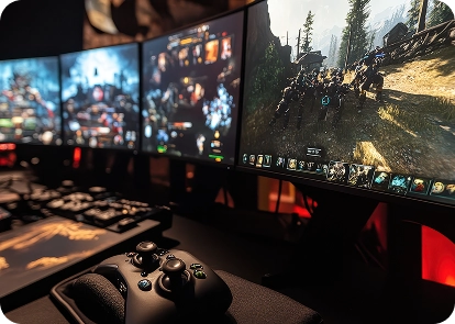 Een aantal beeldschermen met een game en een gamecontroller op de tafel van een gamer