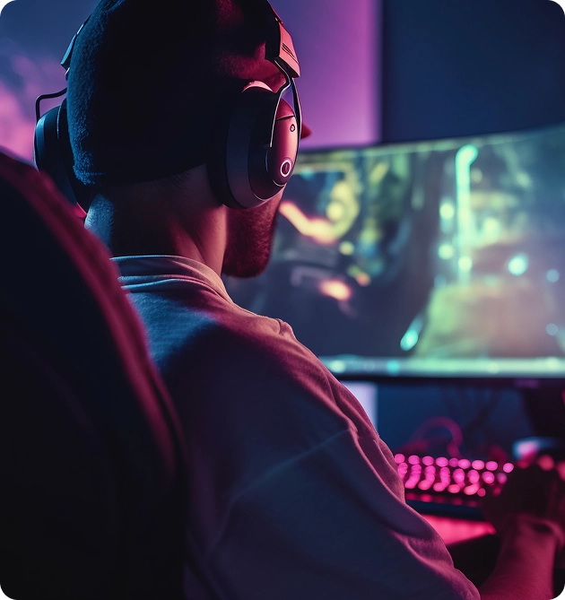 Een gamer met een koptelefoon speelt op een computer met RGB-verlichting