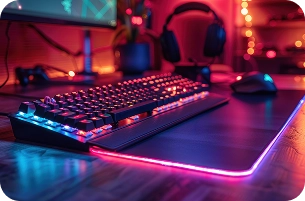 RGB-gamingtoetsenbord met verlichting op de tafel van een gamingopstelling