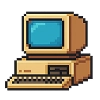 Een pixelachtige vintage computer met een monitor in de stijl van retro-games