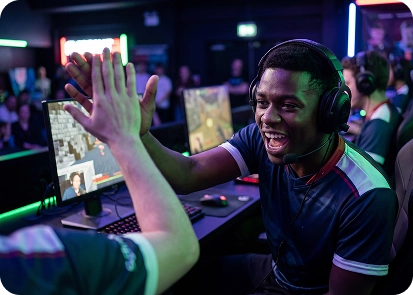 Een speler met een koptelefoon op geeft een high five na zijn overwinning in het toernooi